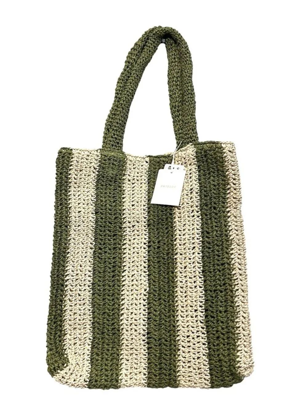 Primark Green Striped Straw Beach Bag Double Handles Shoulder Woven Tote NWT